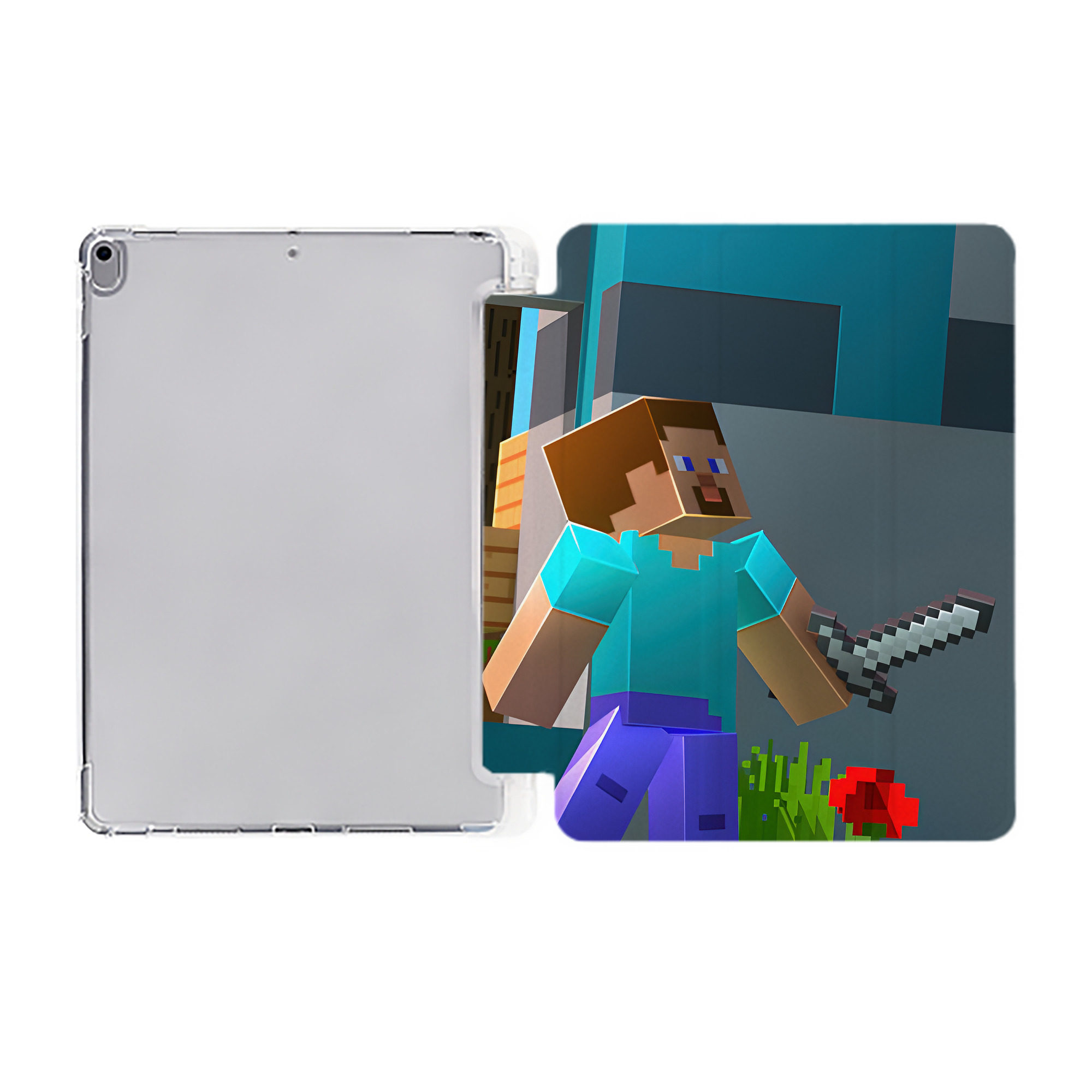 （画像用） マインクラフト ブロックの世界 Minecraft MC Block world IPad ケース ペン収納付き 三つ折りスタンド PUレザー×シリコン 対応機種9.5/10.5/10.9インチ